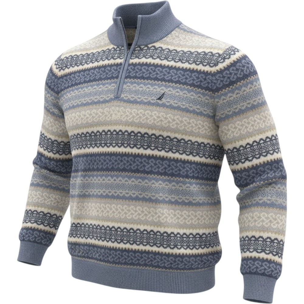 Nautica Mens 3XLT Blue Fair Isle Quarter Zip 100% Cotton Sweater Mock Neck Logo